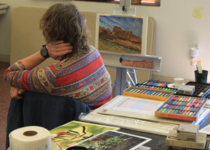 A Workshop Artist Listening and Watching and Learning in a Lindy Cook Severns Pastel Painting Workshop