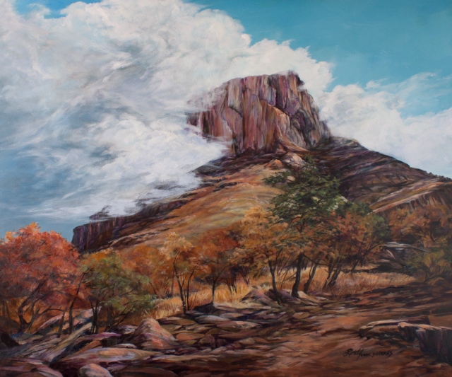 "Casa Grande Embraced By Clouds" by Lindy Cook Severns, a 20" x 24" oil on Ampersand Gessobord 2015 
