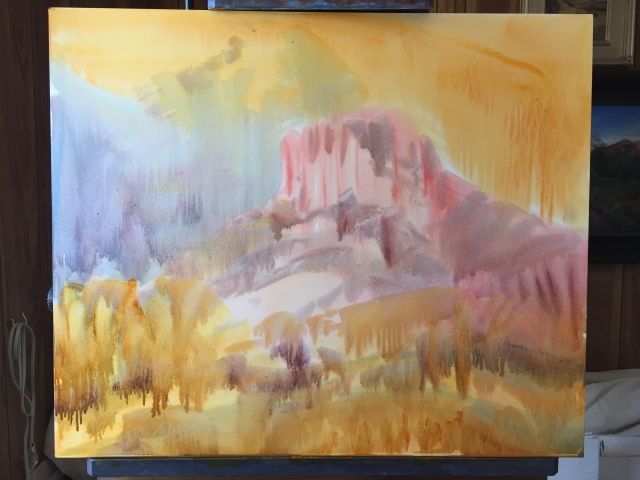 I created my loose underpainting using a thin wash of Turpenoid and oil paint.